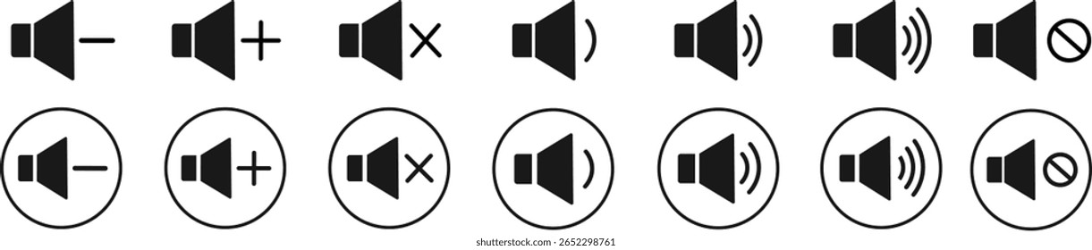 Conjunto de iconos de altavoz. Silenciar y activar el vector de volumen, iconos vectoriales de altavoz, ilustración de sonido,
