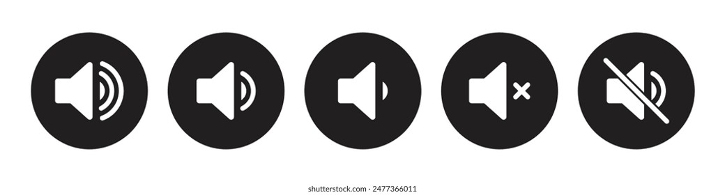 Speaker icon set with ring, mute, 50% volume and silent for smartphone user interface in black color. Sound volume icons set with different signal levels on white background. Sound icon, volume symbol