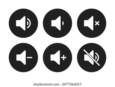 Speaker icon set with ring, mute, 50% volume, silent, increase and decrease symbol in circle in black white color