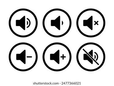 Speaker icon set with ring, mute, 50% volume, silent, increase and decrease symbol in circle in black white color stoke style