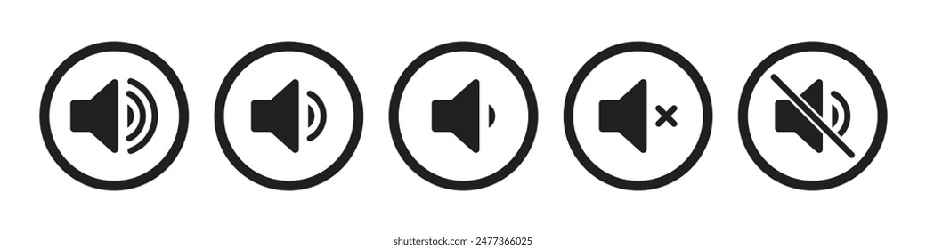 Speaker icon set with ring, mute, 50% volume and silent for smartphone user interface stroke style in black color. Sound volume icons set with different signal levels on white background. Sound icon