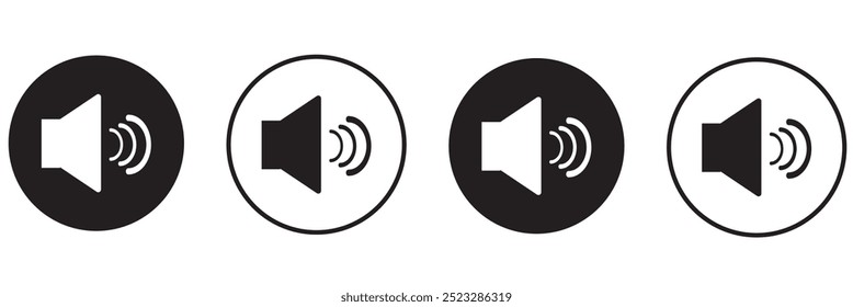 Ícone do alto-falante definido com anel, mudo, 50% volume e silencioso para o estilo do traçado da interface do usuário do smartphone na cor preta. Ícones de volume de som configurados com diferentes níveis de sinal em fundo branco. Ícone Som