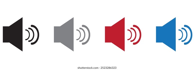 Ícone do alto-falante definido com anel, mudo, 50% volume e silencioso para o estilo do traçado da interface do usuário do smartphone na cor preta. Ícones de volume de som configurados com diferentes níveis de sinal em fundo branco. Ícone Som