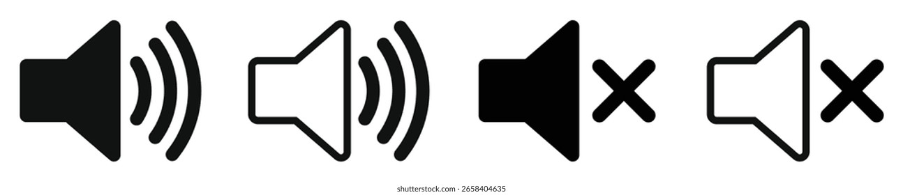 Conjunto de iconos de altavoz que muestra varios niveles de volumen, incluidos silencio, bajo, Mediano y alto. Ideal para medios de comunicación, Configuraciones de audio, App e ilustraciones de diseño de interfaz.