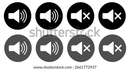 Speaker icon set showing various volume levels including mute, low, medium and high in grey , black circles. Ideal for media, audio settings, apps and interface design illustrations. vector, symbol