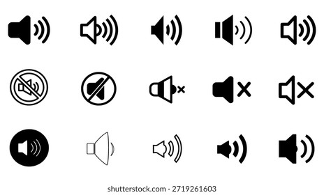 Lautsprechersymbol im Vektorsilhouettenstil, das Ton-, Stumm- und Lautstärkezustände für EPS-Designvorlagen und -Schnittstellen anzeigt.