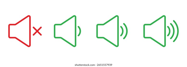 Conjunto de ícones de alto-falante. volume, ícone de alto-falante vetor. símbolo de som. Desativar mudo e desativar mudo do som do volume. Ícone de volume do alto-falante com ondas de som. Ícone de alto-falante silencioso e em anel definido com simples e traçado. EPS 10. 
