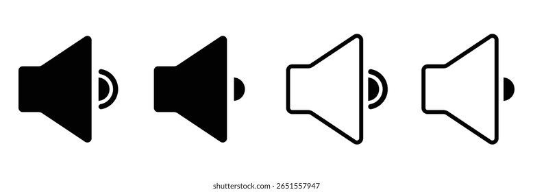 Conjunto de ícones de alto-falante. volume, ícone de alto-falante vetor. símbolo de som. Desativar mudo e desativar mudo do som do volume. Ícone de volume do alto-falante com ondas de som. Ícone de alto-falante silencioso e em anel definido com simples e traçado. EPS 10. 