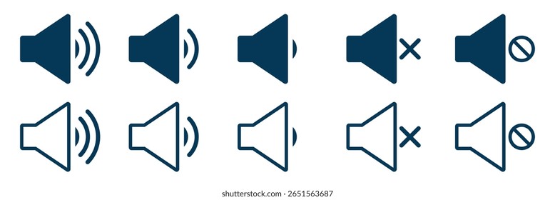 Conjunto de ícones de alto-falante. volume, ícone de alto-falante vetor. símbolo de som. ícone mudo e silencioso. aumenta e reduz o som. Ícone de som, símbolo de volume, sinal de alto-falante, controle de áudio. Eps 10. 