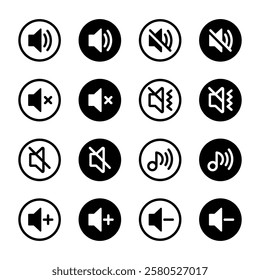 Speaker icon set. Volume, up, down, sound, ring, vibrate, silent, mute, media, notification, audio, music, logo, symbol, label, flat, black, line icons. Vector illustration