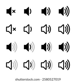 Speaker icon set. Volume, up, down, sound, ring, vibrate, silent, mute, media, notification, audio, music, logo, symbol, label, flat, black, line icons. Vector illustration