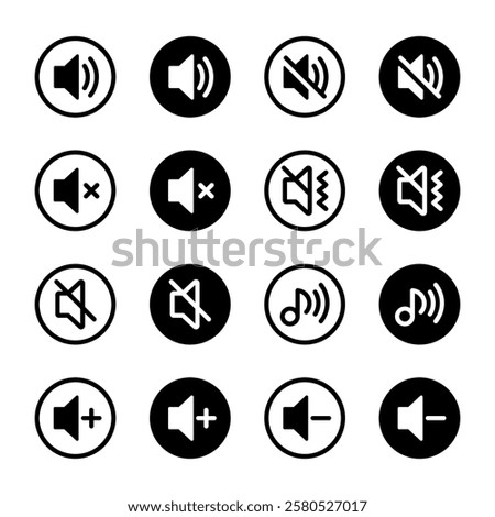 Speaker icon set. Volume, up, down, sound, ring, vibrate, silent, mute, media, notification, audio, music, logo, symbol, label, flat, black, line icons. Vector illustration
