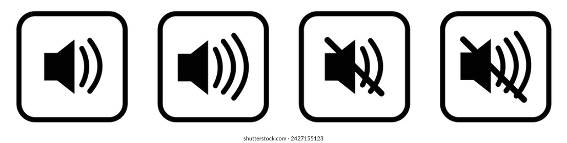 Lautsprecher-Symbolsatz. Lautstärkesymbolvektor. Lautsprecher-Symbolvektor. Stummschaltung und Aufhebung der Stummschaltung von Lautstärke-Sound-flachen Vektor-Icons für Video-Apps und Websites.