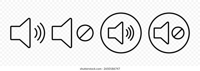 Conjunto de ícones de alto-falante. ícone de volume vetor. Ícone de ruído, sinal silencioso, volume baixo, símbolo de volume máximo, sem volume. Ativar e desativar mudo dos ícones de som simples vetoriais. 