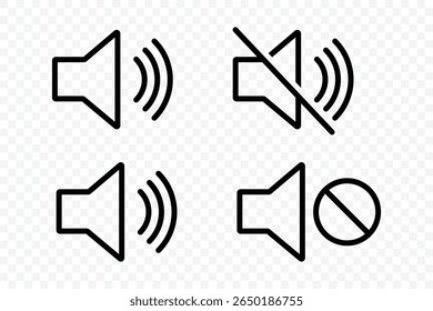 Conjunto de ícones de alto-falante. ícone de volume vetor. Ícone de ruído, sinal silencioso, volume baixo, símbolo de volume máximo, sem volume. Ativar e desativar mudo dos ícones de som simples vetoriais. 