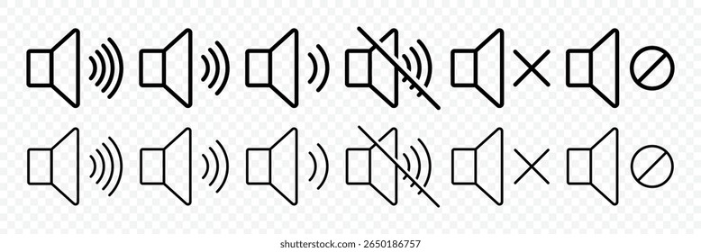 Conjunto de ícones de alto-falante. ícone de volume vetor. Ícone de ruído, sinal silencioso, volume baixo, símbolo de volume máximo, sem volume. Ativar e desativar mudo dos ícones de som simples vetoriais. 