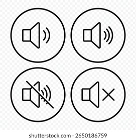 Conjunto de ícones de alto-falante. ícone de volume vetor. Ícone de ruído, sinal silencioso, volume baixo, símbolo de volume máximo, sem volume. Ativar e desativar mudo dos ícones de som simples vetoriais. 