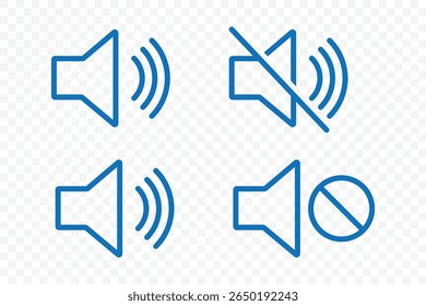 Speaker icon set. volume icon vector. Mute and unmute volume sound. Blue volume control sign, Audio icon. Vector Illustration