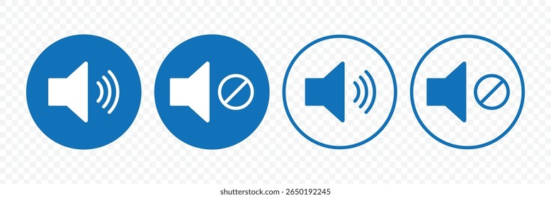 Speaker icon set. volume icon vector. Mute and unmute volume sound. Blue volume control sign, Audio icon. Vector Illustration