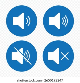 Speaker icon set. volume icon vector. Mute and unmute volume sound. Blue volume control sign, Audio icon. Vector Illustration
