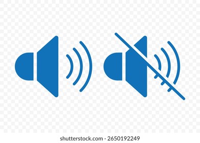 Speaker icon set. volume icon vector. Mute and unmute volume sound. Blue volume control sign, Audio icon. Vector Illustration