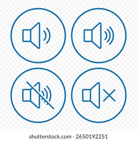Speaker icon set. volume icon vector. Mute and unmute volume sound. Blue volume control sign, Audio icon. Vector Illustration