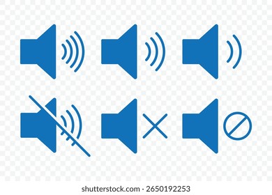Speaker icon set. volume icon vector. Mute and unmute volume sound. Blue volume control sign, Audio icon. Vector Illustration