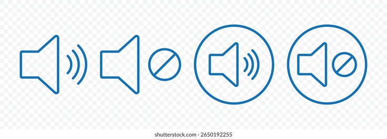 Speaker icon set. volume icon vector. Mute and unmute volume sound. Blue volume control sign, Audio icon. Vector Illustration