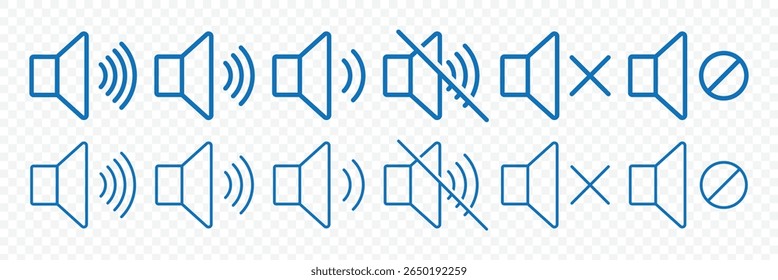 Speaker icon set. volume icon vector. Mute and unmute volume sound. Blue volume control sign, Audio icon. Vector Illustration