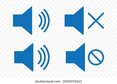 Speaker icon set. volume icon vector. Mute and unmute volume sound. Blue volume control sign, Audio icon. Vector Illustration