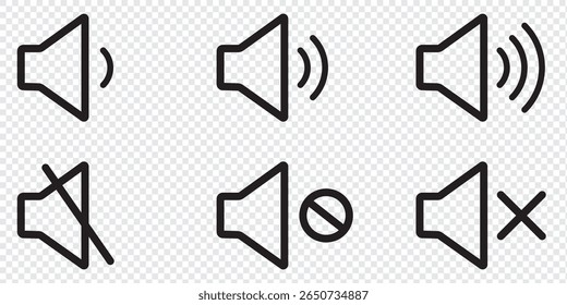 Speaker icon set. volume icon vector. Loudspeaker icon vector. Mute and unmute speaker line icon. Editable stock vector set.