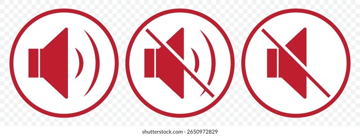 Speaker icon set. volume icon vector. loudspeaker icon vector. sound symbol in Red Color on Transparent Background. EPS 10.