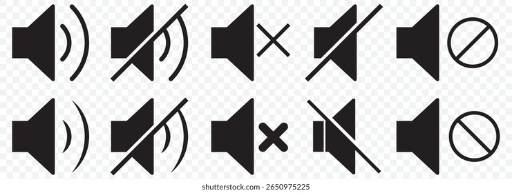 Speaker icon set. volume icon vector. loudspeaker icon vector. sound symbol. mute speaker icon set. mute speaker on Transparent Background. EPS 10.