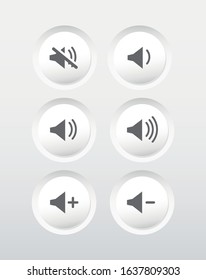 Speaker icon. Sound on. Vector illustration. Mute, volume up, and volume down. Megaphone icon set.