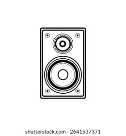 Speaker icon. Sound system symbol. Black outline design. Vector white background.