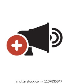 Speaker icon, technology icon with add sign. Speaker icon and new, plus, positive symbol. Vector illustration