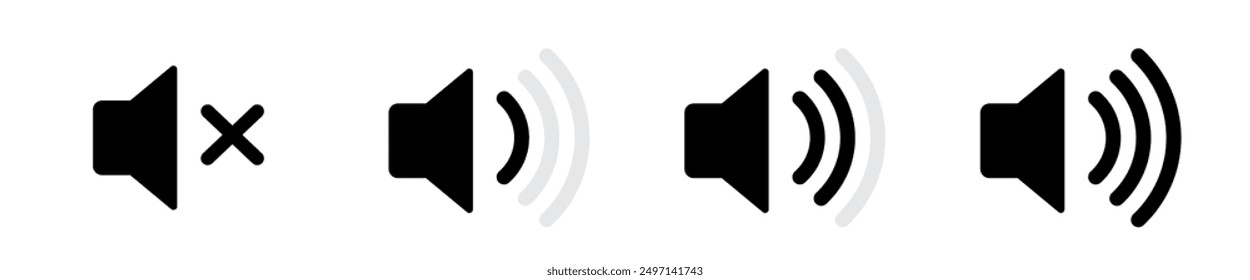 Ilustración vectorial de ícono de altavoz, señal de control de volumen, ícono de audio, conjunto de íconos de Botones de reproductor multimedia aislados, símbolo de silencio, signo de silencio, bajo volumen, ícono de volumen máximo, sin volumen.