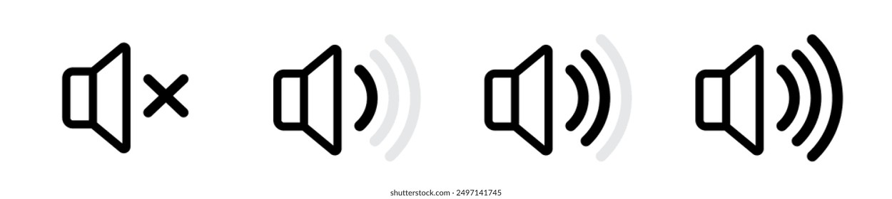 Speaker Icon vector illustration, Volume control sign, Audio icon, Media player buttons icon set isolated, mute symbol, Silent sign, Low volume, Maximum Volume symbol, No volume.