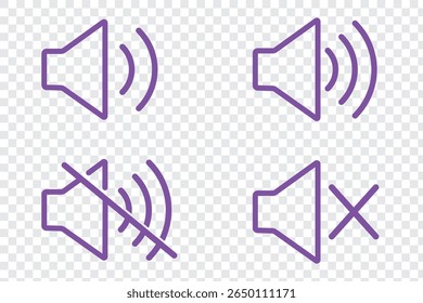 Speaker Icon vector illustration, Volume control sign, Audio icon, Media player buttons icon set isolated, mute symbol, Silent sign, Low volume, Maximum Volume symbol, No volume. Editable stock icon.