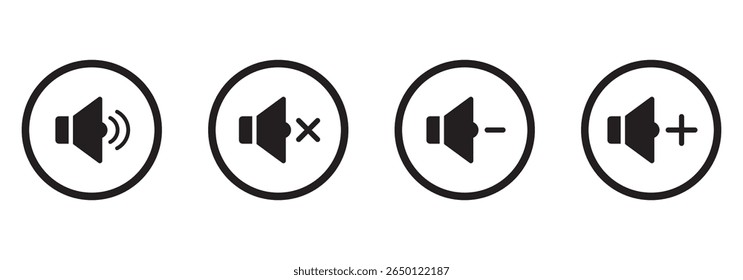 Speaker Icon vector illustration, Volume control sign, Audio icon, Media player buttons icon set isolated, mute symbol, Silent sign, Low volume, Maximum Volume symbol, No volume. 