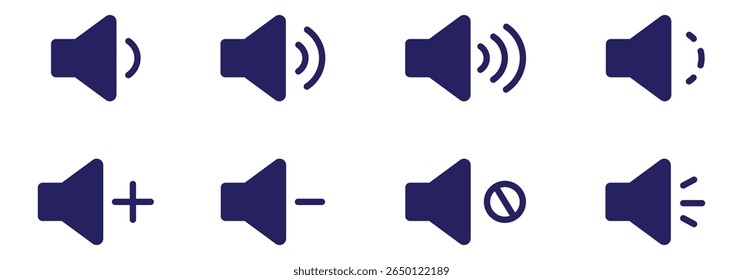 Speaker Icon vector illustration, Volume control sign, Audio icon, Media player buttons icon set isolated, mute symbol, Silent sign, Low volume, Maximum Volume symbol, No volume. 