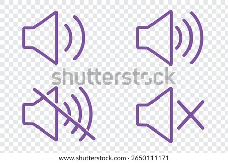 Speaker Icon vector illustration, Volume control sign, Audio icon, Media player buttons icon set isolated, mute symbol, Silent sign, Low volume, Maximum Volume symbol, No volume. Editable stock icon.
