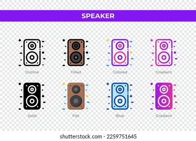 Iconos del altavoz con un estilo diferente. Los iconos del altavoz están configurados. Símbolo de vacaciones. Conjunto de iconos de estilo diferente. Ilustración del vector