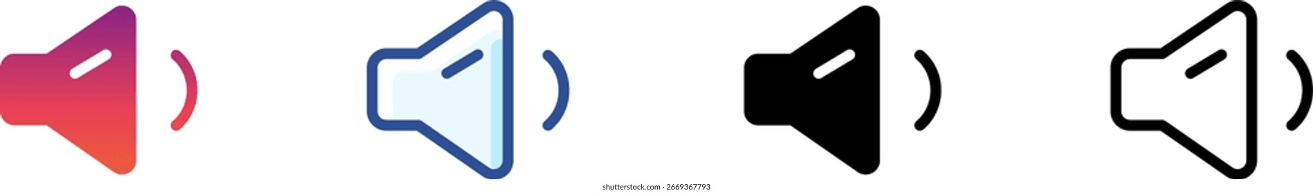 Ícones de alto-falante com ondas sonoras mínimas em vários estilos (sólido, contorno, gradiente). Perfeito para aplicativos de música, podcasts, marca de mídia e site