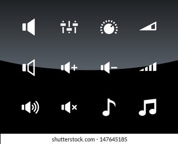 Speaker icons on black background. Volume control. Vector illustration.