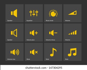 Speaker icons on gray background. Volume control. Vector illustration.