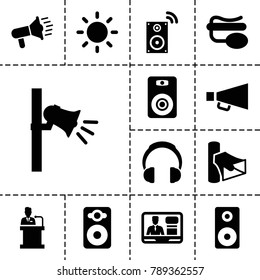 Speaker icons. set of 13 editable filled speaker icons such as megaphone, volume, tv speaker, pin microphone, speaker, contrast