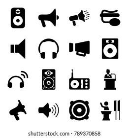 Speaker icons. set of 16 editable filled speaker icons such as speaker, headphones, megaphone, radio, volume, pin microphone, loudspeaker