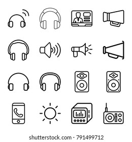 Speaker icons. set of 16 editable outline speaker icons such as headphones, phone call, radio, volume, tv speaker, headset, megaphone