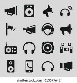 Speaker icons set. set of 16 speaker filled icons such as megaphone, volume, headset, operator, speaker, loudspeaker, audio system, radio, phone call